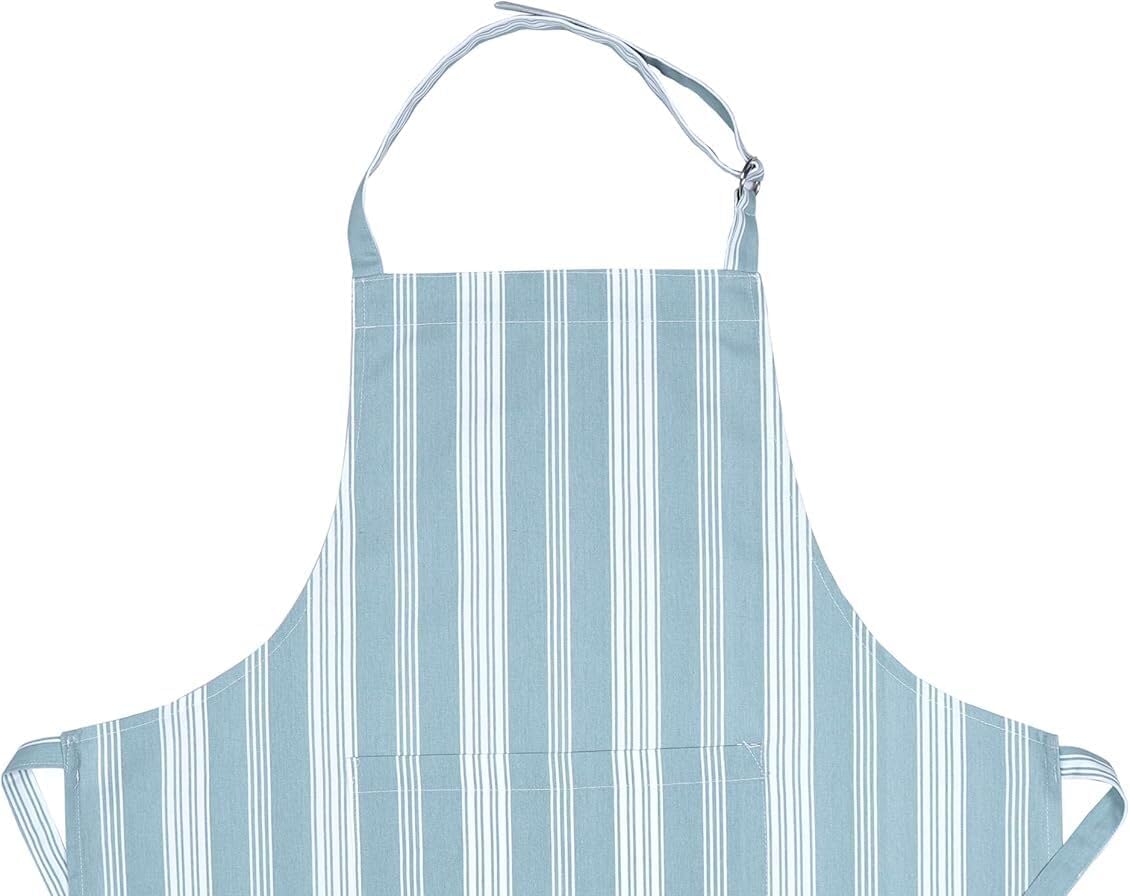 AMOUR INFINI Cotton Striped Aprons for Women with Pockets - Adjustable Strap and Waist Ties Printed Apron for Baking, Cooking, Gardening (27.5 x 33 Inches - Dove Blue)