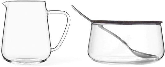 Viva Classic Glass Creamer and Sugar Set - Coffee and Tea Serving Set - Cream Pitcher 9.5 oz / 280ml and Sugar Bowl 12 oz / 350 ml with Cork Lid and Metal Spoon, Milk and Sugar for Coffee Bar