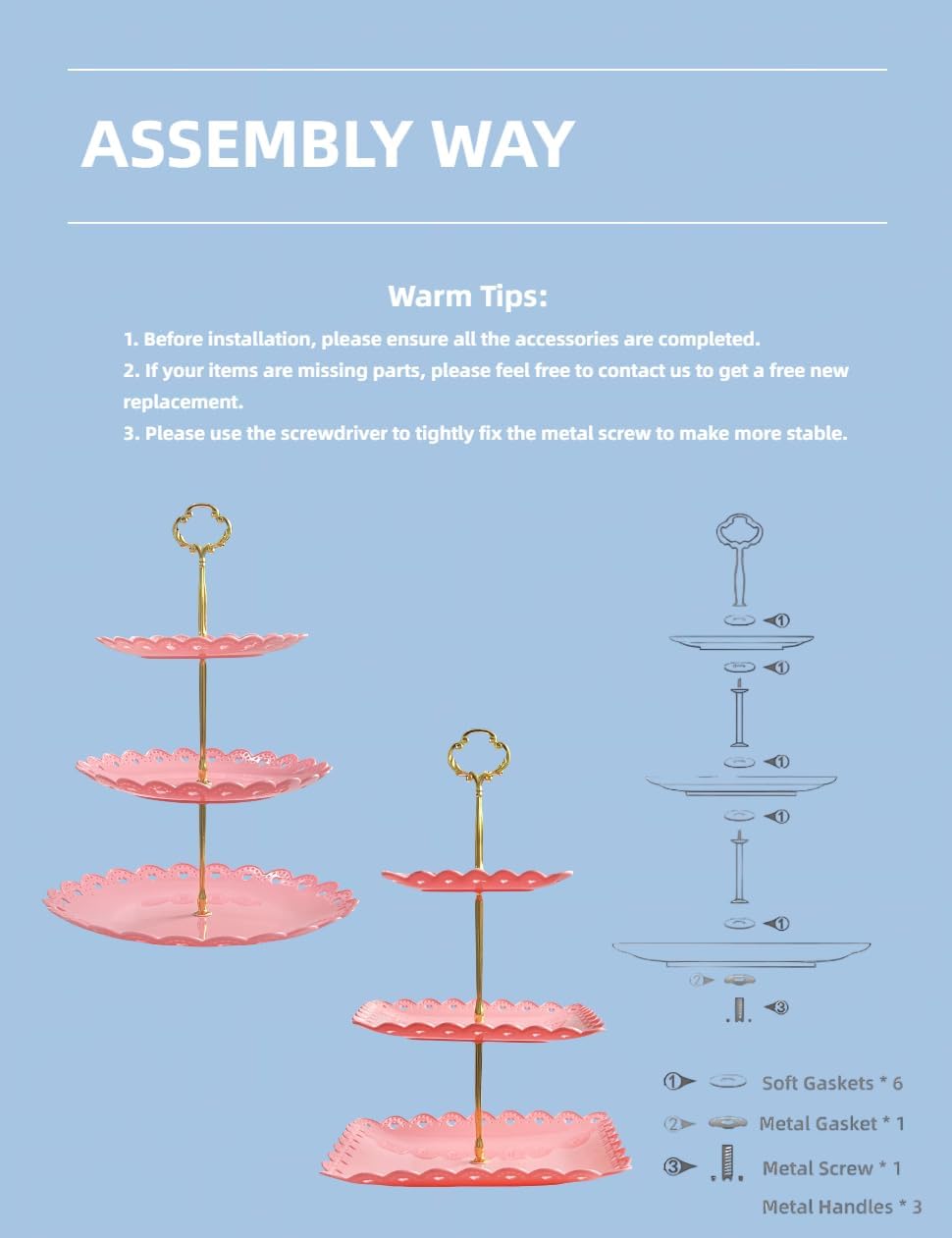 RAUVOLFIA 2 Pack of Plastic Round & Square Dessert Cupcake Stand, 3 Tier Cup Cake Holder Tower for Tea Party/Birthday/Wedding, Plastic Tiered Serving Tray (Pink)