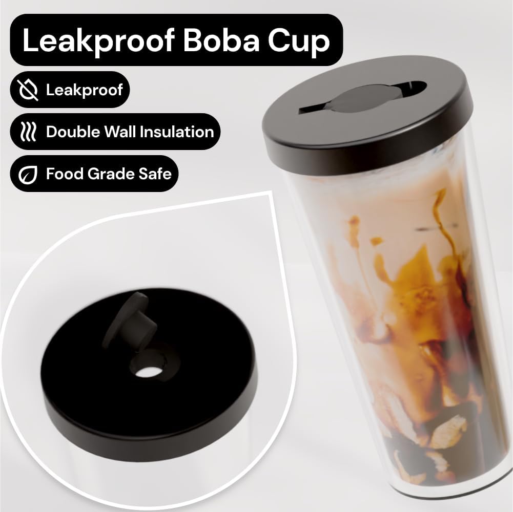 Dodoko Reusable Boba Cup and Straw Boba Tea Cup Bubble Tea Cup Reusable Iced Coffee Cup Cold Coffee Cup Smoothie Cup with Lid and Straw Smoothie Cup to go Smoothie Tumbler 17 oz - Night Black