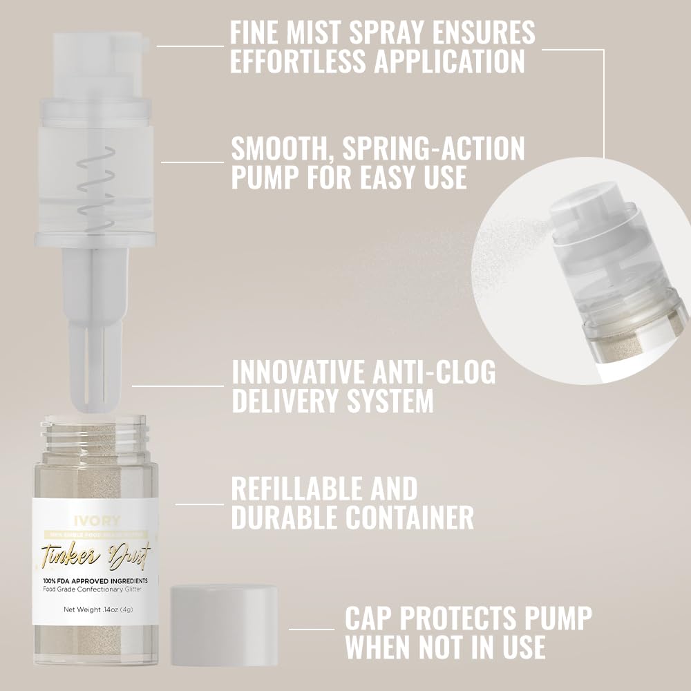 Bakell - Ivory Tinker Dust (4g, 1x Mini Spray Pump) Edible Glitter for Food, Desserts, and Beverages!