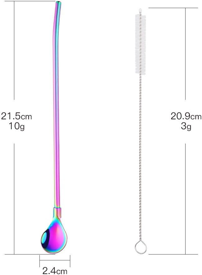 Straw Spoon, 8PCS 8.5inch Rainbow 18/8(304) Stainless Steel Metal Straws Reusable + 2 Brushes