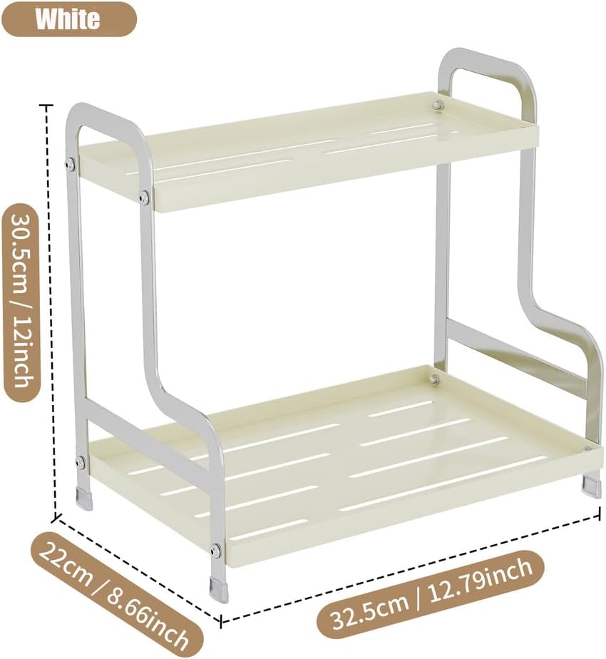 KISKIS Coffee Mug Cup Holder Space Saving 2-Tier Sturdy Stable Metal Storage Shelf, Prevent Falling Scratch Resistant Kitchen Rack Office Bathroom Desktop Organizer,White
