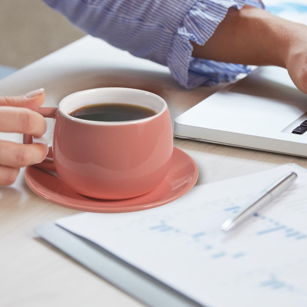 Porcelain Coffee Cup with Saucer 270ml/9oz, Minimalist Design, Perfect for Latte, Cappuccino, and Tea, Pink