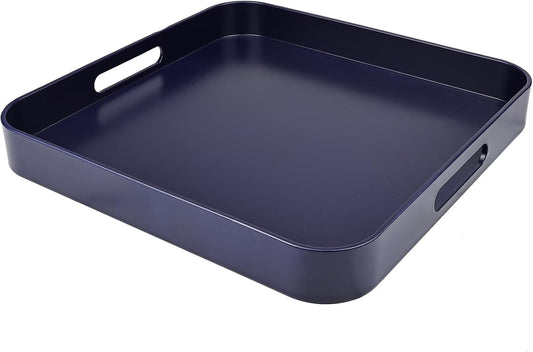 Square Navy Blue Decorative Serving Tray with Handles, Versatile Ottoman Tray for Coffee Table, Entertaining, Outdoor Patio, Living Room, 13”*13”*1.6”