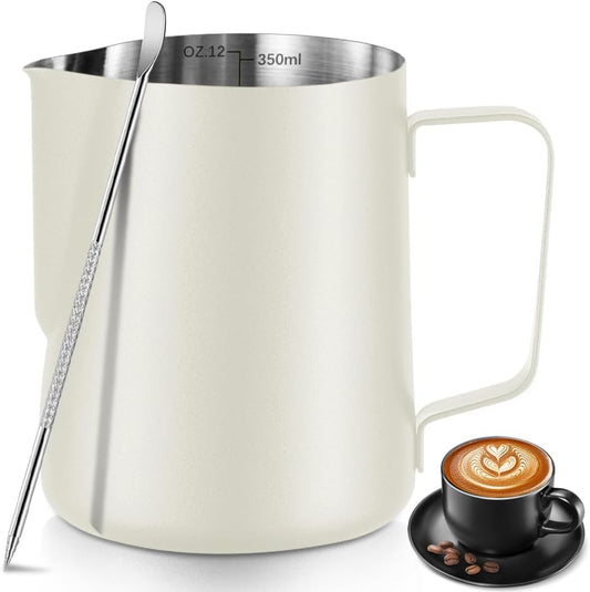 Frothing Milk Pitcher, 12 oz/350 ml Stainless Steel Frothing Milk Jug with Latte Art Pen,with Internal Measurements, for Cappuccino, Espresso and More（white）