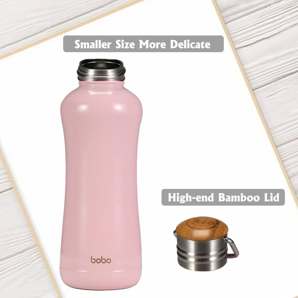 YOHKOH Mini Insulated Water Bottle With Bamboo Lid - 11.8oz Small Vacuum Insulated Water Bottle for Women Kids, 12 Hrs Hot & 24 Hrs Cold Stainless Steel Thermos Leak-Proof BPA-Free (11.8oz,Pink)