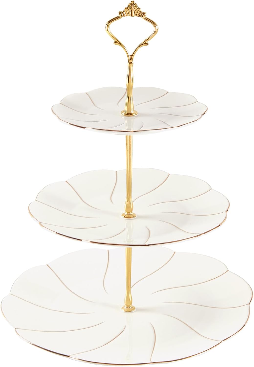 DUJUST Luxury Larger 3-Tier Cupcake Stand Tower, British Style Porcelain Serving Tray with Golden Trim, Food Grade Dessert Display Stand for Tea Party & Home Décor - 45% Larger Plates