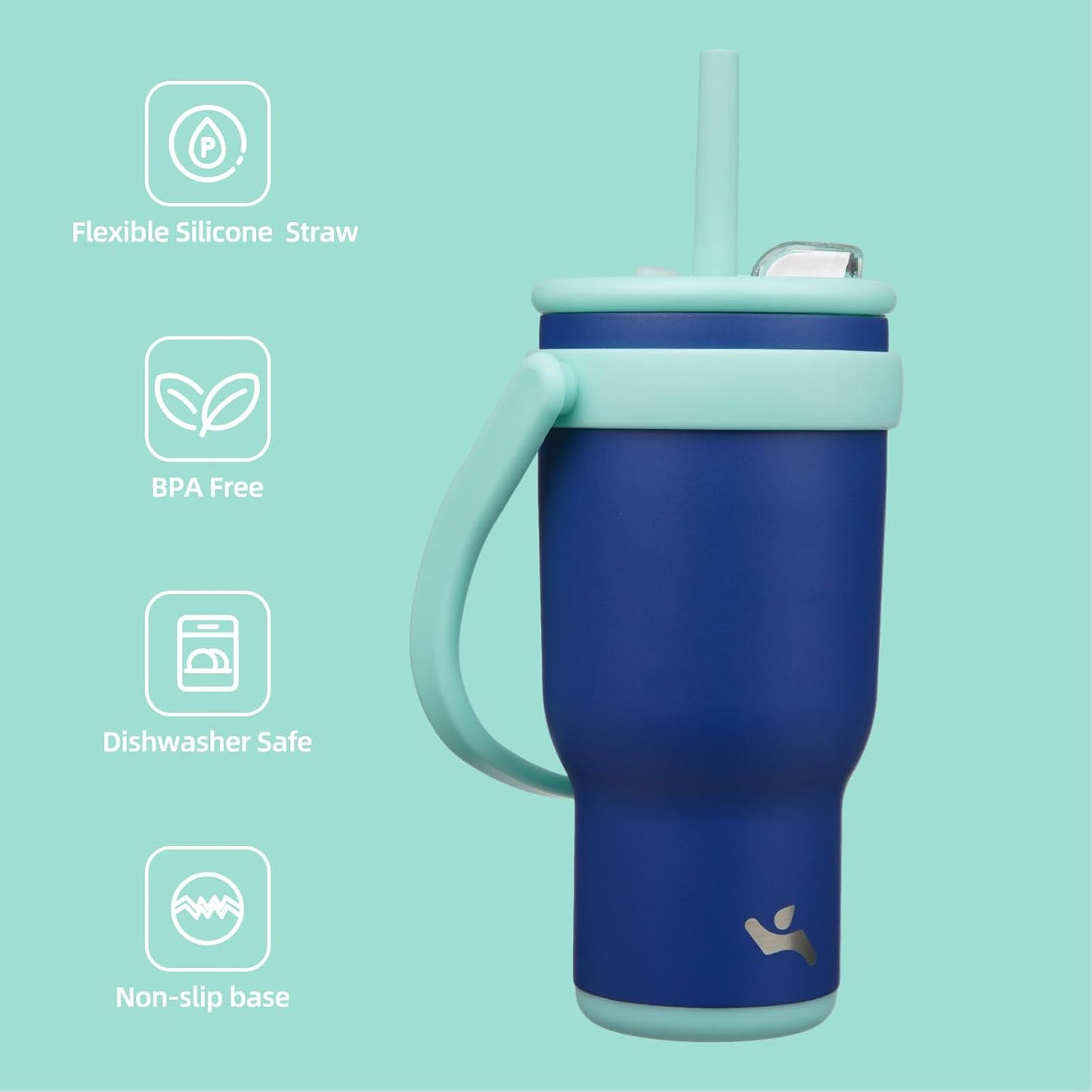 30 oz Tumbler with Side Handle, Insulated Water Bottle with Straw and 2 in 1 Lid, Stainless Steel Cup Travel Coffee Mug for Sports Office Gym,Dark Blue