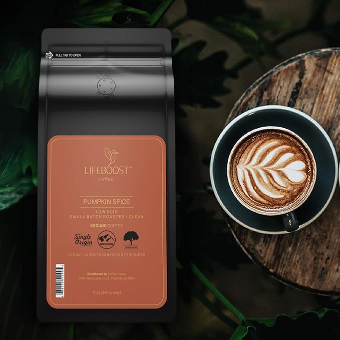 Lifeboost Pumpkin Spice Coffee Whole Bean – Organic, Low Acid, Non-GMO - Cozy Fall Time Blend – Single Origin Medium Roast, Mycotoxin-Free Flavored Coffee, 12 oz