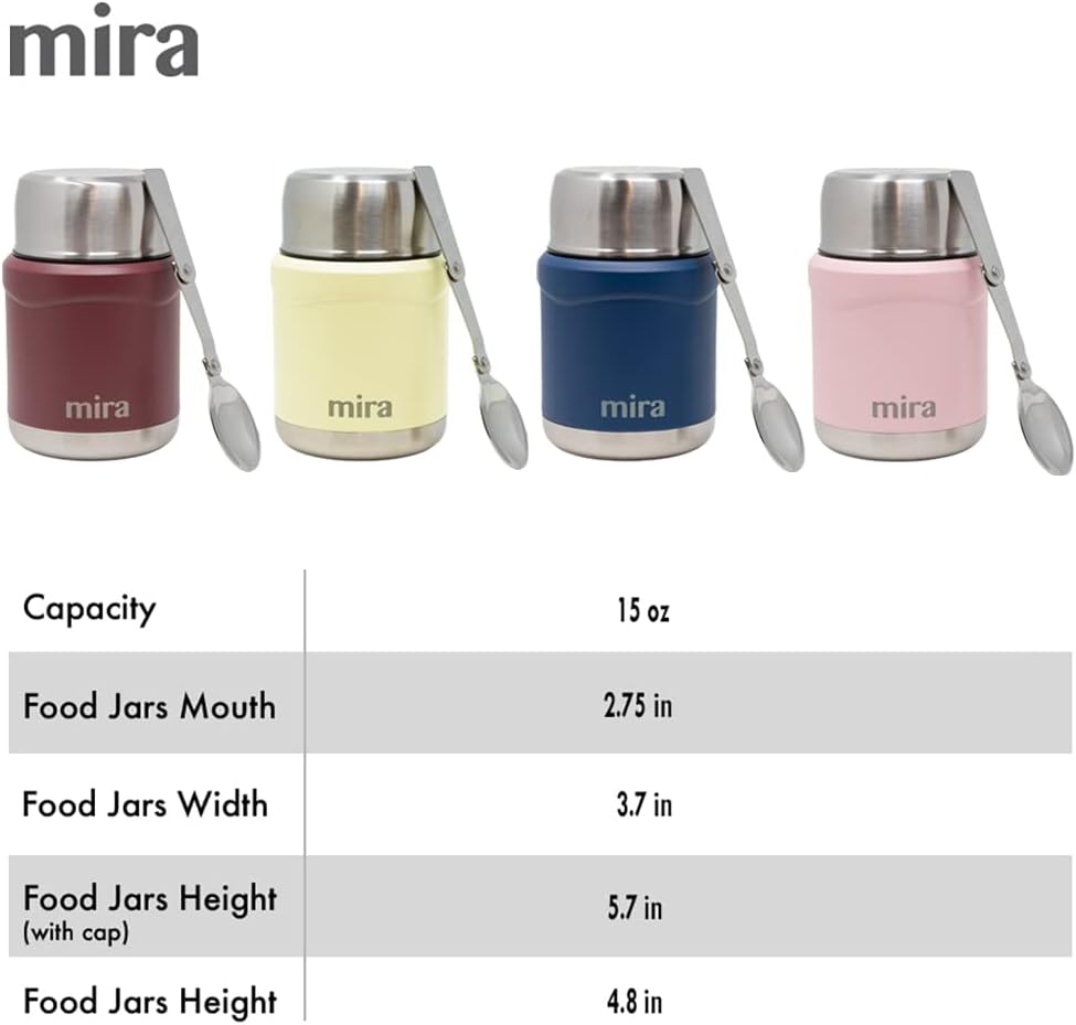 MIRA 15 oz Insulated Food Thermos for hot and cold foods - Leak-Proof Stainless Steel Container with Spoon - Honey