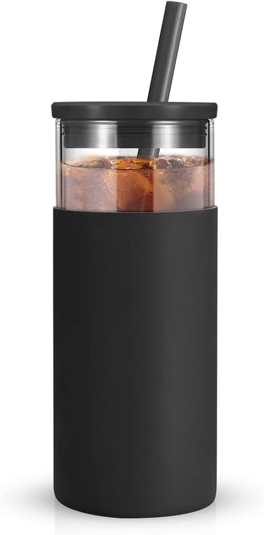 Tronco 20 oz Glass Tumbler With Lids and Straws, Reusable Smoothie Cups With Silicone Lid, Iced Coffee Cup With Silicone Protective Sleeve, Dishwasher Safe- BPA Free（Black 1 Count）