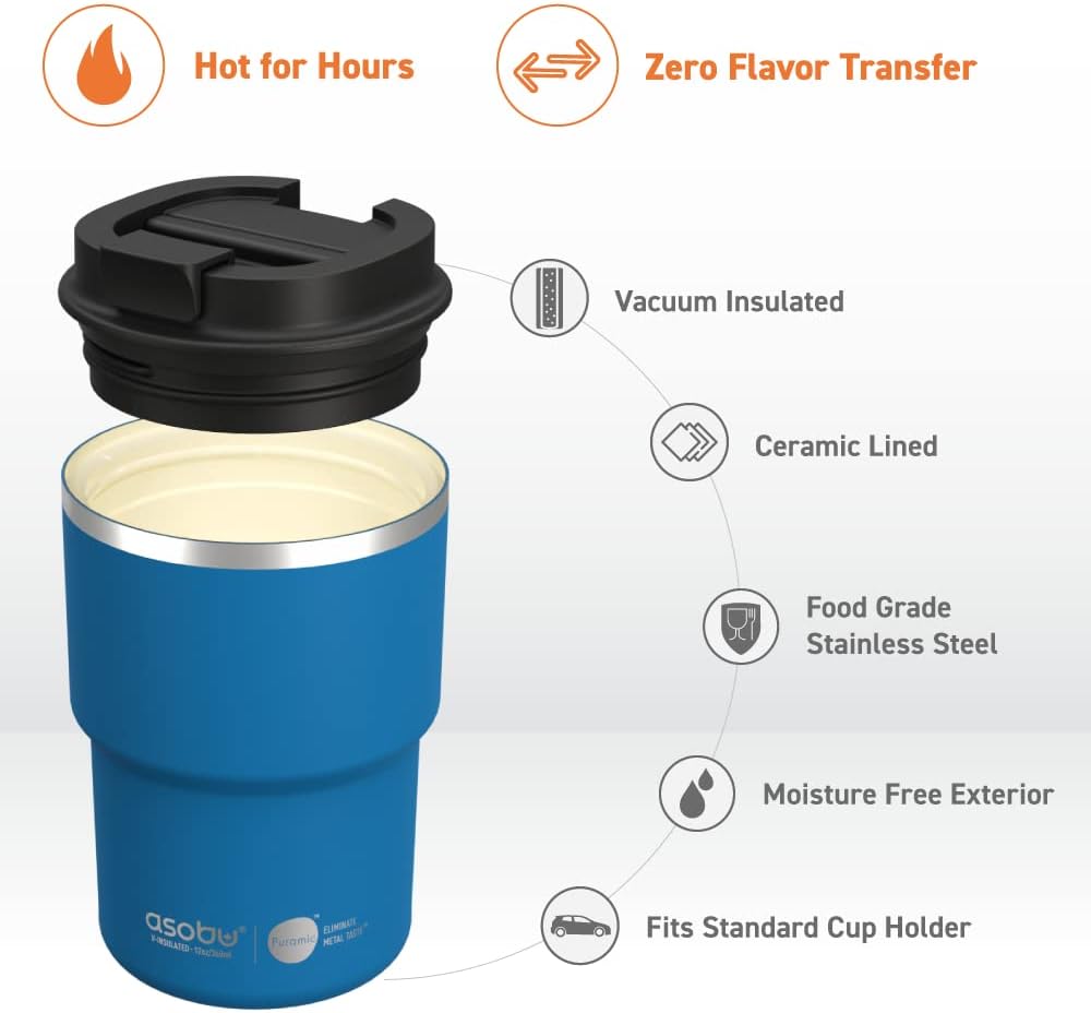 asobu Travel Mug Ceramic Coated Stainless Steel Insulated with Leak and Spill Proof Lid – Fits Standard Cup Holders 12 oz Tumbler (Blue)