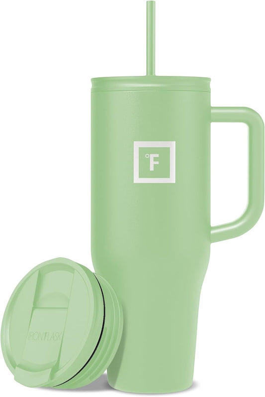 IRON °FLASK Co-Pilot Insulated Mug w/Straw & Flip Cap Lids - Cup Holder Bottle for Hot, Cold Drink - Leak-Proof - Water, Coffee Portable Travel Mug - Apple Green, 40 Oz