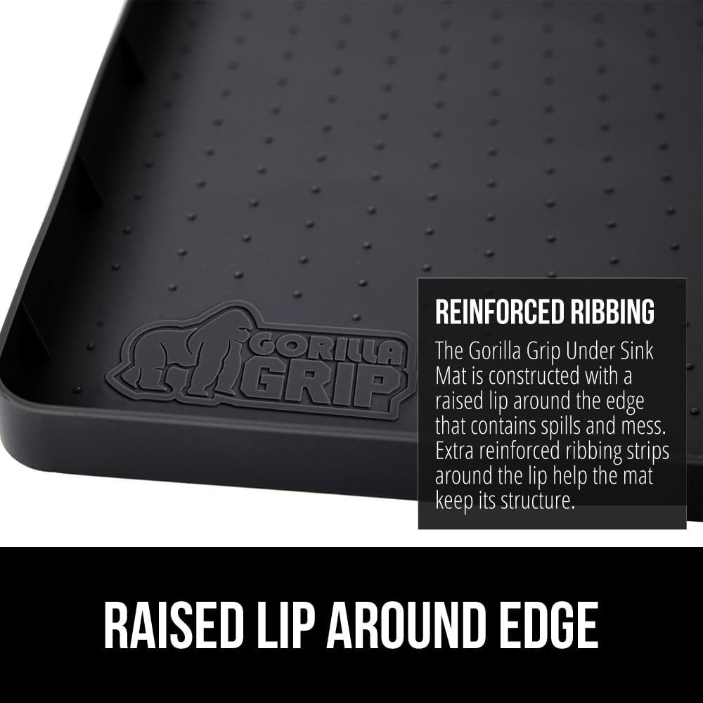 GORILLA GRIP Waterproof Silicone Under Sink Mat with Raised Lip for Kitchen and Bathroom, 34 x 22 in, Cabinet Shelf Liner Stay in Place Mats Dishwasher Safe Drawer Liner, Organizer Tray, Black