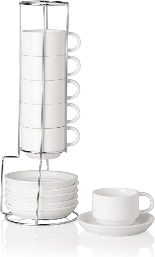 Sweejar Ceramic Espresso Cups Set of 6, Espresso Cup Stackable, 4 Oz Stackable Cappuccino Cups with Saucers and Metal Stand for Coffee Drinks, Americano, Latte, Tea (White)