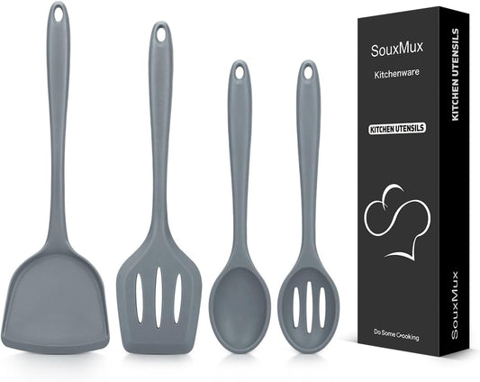 4 Pcs Silicone Kitchen Utensils Set, Wok Spatulas-Slotted Turner-Cooking Spoon-Slotted Spoon, Nonstick BPA Free High Heat Resistant Cooking Utensils for Frying, Mixing, Serving, Draining, Stirring
