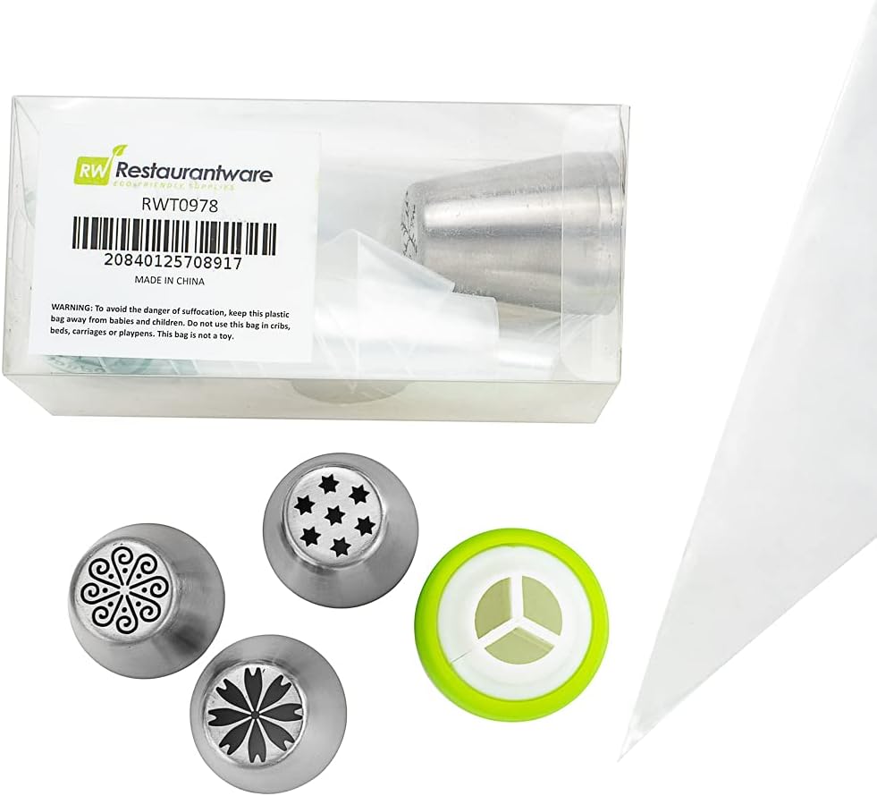 Restaurantware Pastry Tek Russian Piping Tips Set 17 Piece Durable Cake Decorating Kit - 6 Piping Tips 10 Piping Bags Stainless Steel Piping Bags And Tips Set 1 Tri-Color Coupler
