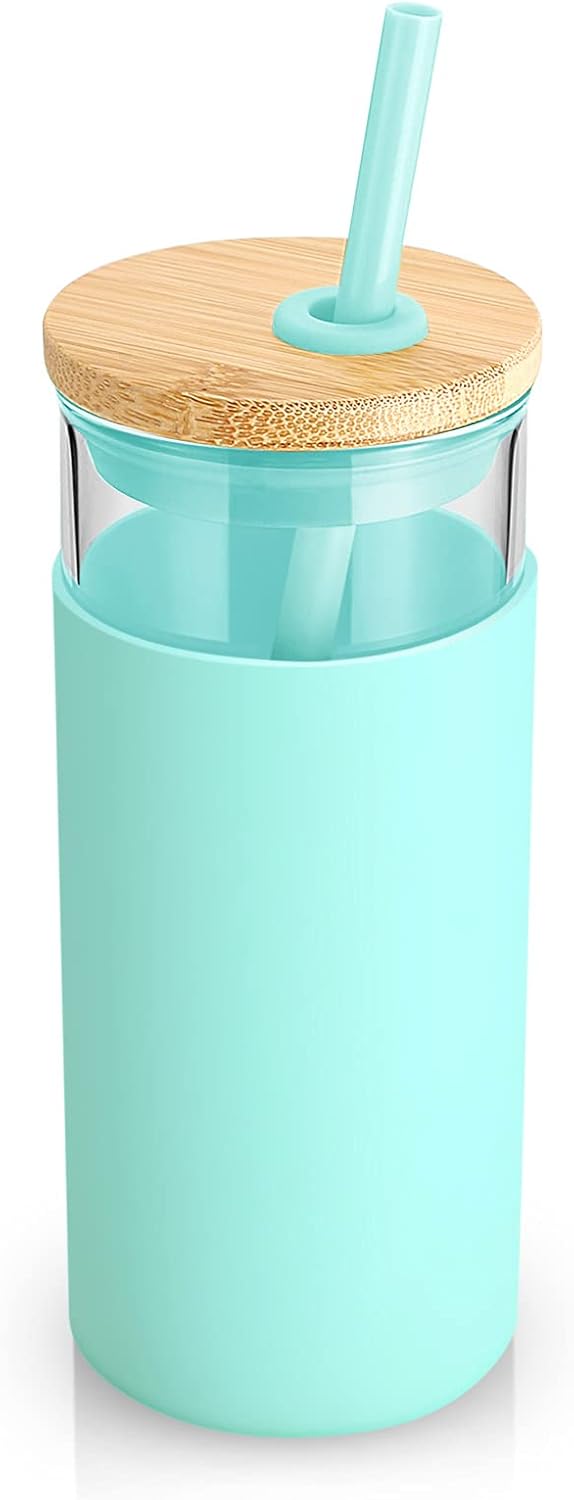 Tronco 20 oz Glass Tumbler with Lid & Straw - Iced Coffee Cup & Smoothie Cup With Silicone Sleeve | BPA-Free, Dishwasher Safe | Reusable Glass Cups with Bamboo Lids and Straws (Blessed Blue, 1 Count)