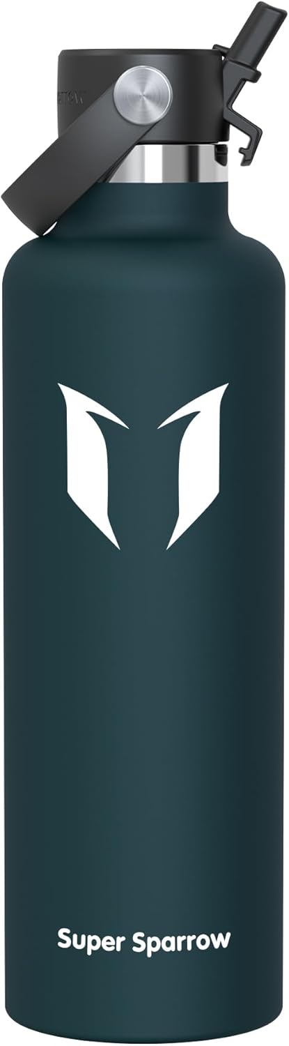 Super Sparrow Insulated Water Bottle - 17 Oz / 25 Oz / 32 Oz - Standard Mouth FlipFlow Flask - BPA Free, Leak Proof Drink Bottle- Ergonomic Straw Water Bottles for Work, Gym, Travel, Sports