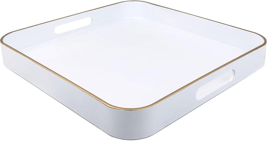 White Square Decorative Tray with Handles, 13"*13" Versatile Serving Tray for Coffee Table, Ottoman, Ideal for Serving, Displaying, Organizing