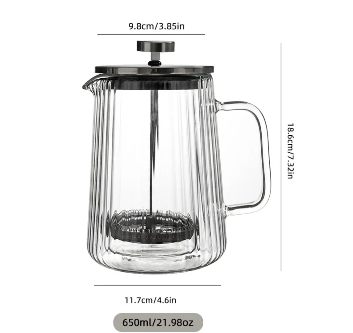French Press Coffee Maker – 650ml (22oz) | Double-Wall Borosilicate Glass - Makes 4–5 Cups (1Cup = 4oz or 118ml) | Ribbed Manual Brewer with Stainless Steel Mesh Filter for Coffee & Tea