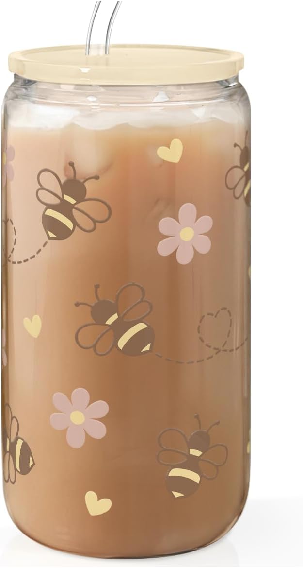 Bee 16oz Can Glass Tumbler with Acrylic Lid & Straw - Iced Coffee Cup for Women Girls, Aesthetic Cups Gifts for Birthday Christmas