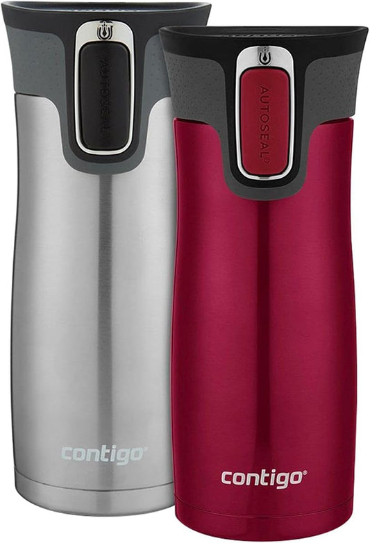 Contigo West Loop Stainless Steel Vacuum-Insulated Travel Mug with Spill-Proof Lid, 16oz 2-Pack, Very Berry & Steel Colors, Keeps Hot to 5h & Cold to 12h