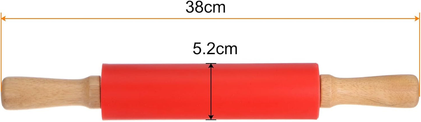 HARFINGTON Silicone Rolling Pins for Baking 15 Inch Wooden Handle Non Stick Rolling Pin Small Roller Playdough Rolling Pins for Dough Pizza Pastry Fondant Kitchen, Red