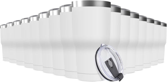 30oz Stainless Steel Travel Mug with Lid, 16 Pack Double Wall Vacuum Insulated Bulk Tumbler, Powder Coated Coffee Cup Suitable for Vehicle Cup Holders (White)