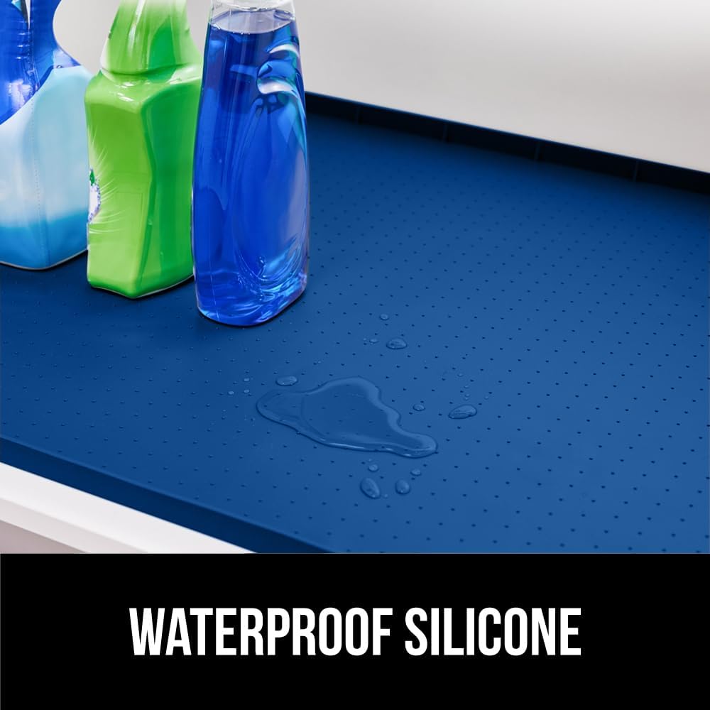 GORILLA GRIP Waterproof Silicone Under Sink Mat with Raised Lip for Kitchen and Bathroom, Cabinet Shelf Liner Stay in Place Mats Dishwasher Safe Drawer Liner, Organizer Tray, 19 x 22 in, Blue