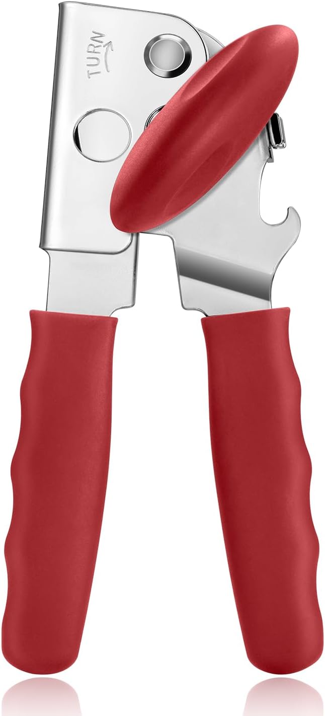 Can Opener Manual Heavy Duty, UHIYEE Hand Held Can Openers for Seniors with Comfort Grip Sharp Blade, Solid Steel Hand Manual Can Open with Magnet for Kitchen Camping, Red