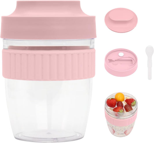 Breakfast On The Go Cups, Overnight Oats Containers With Lid And Folding Spoon, Take And Go Yogurt Cereal Snack Parfait Salad Containers For Lunch, Fruit & Vegetable Jar, 20 oz(Pink)