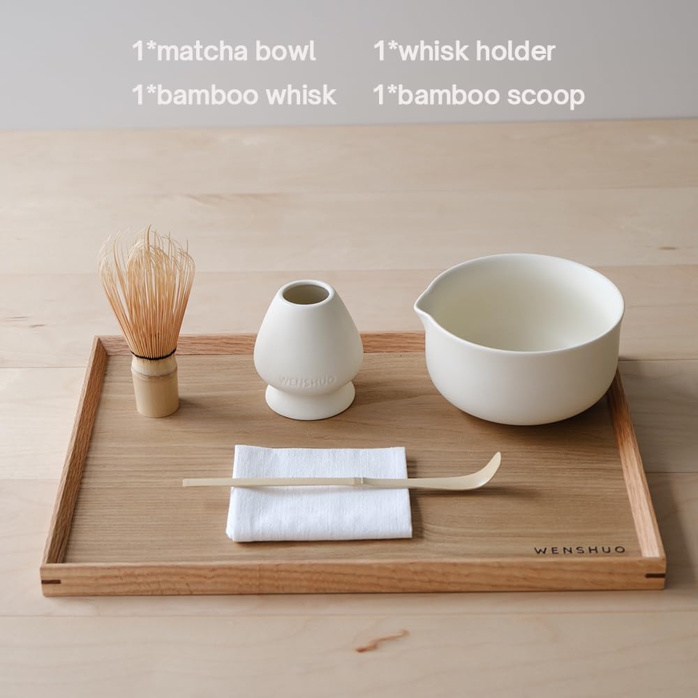 WENSHUO Matcha Kit - Premium Matcha Whisk Set with Traditional Bamboo Tools, Ideal Matcha Tea Set for Home (Crème)
