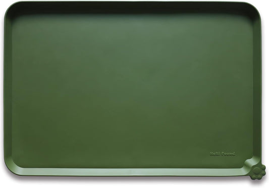 Hoki Found Silicone Pet Food Mat - High-Lips Dog Cat Bowl Placemat - Waterproof, Dark Olive
