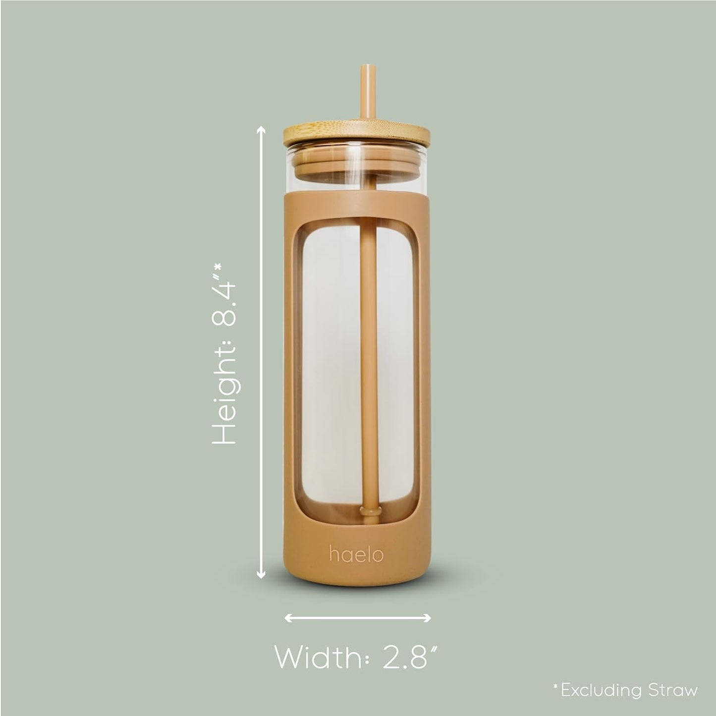 haelo 20oz Glass Tumbler Water Bottle, Iced Coffee Cup with Straw, Silicone Protective Sleeve, Bamboo Lid Reusable BPA Free (Black)