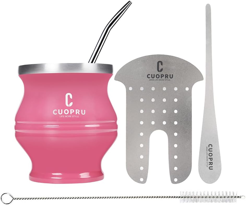 Yerba Mate Cup - Mate Gourd Set Includes Double Walled Stainless Steel Tea Cup, Tea Shaper set, Bombilla Straws, Cleaning Brush