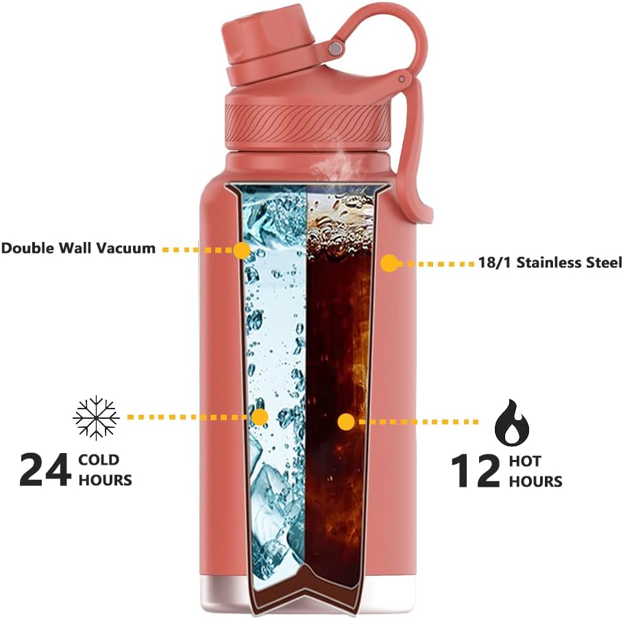 IDEUS Insulated Stainless Steel Water Bottle with 2 Leak-Proof Lids, Thermal Water Flask for Hiking Biking, 32oz, Red