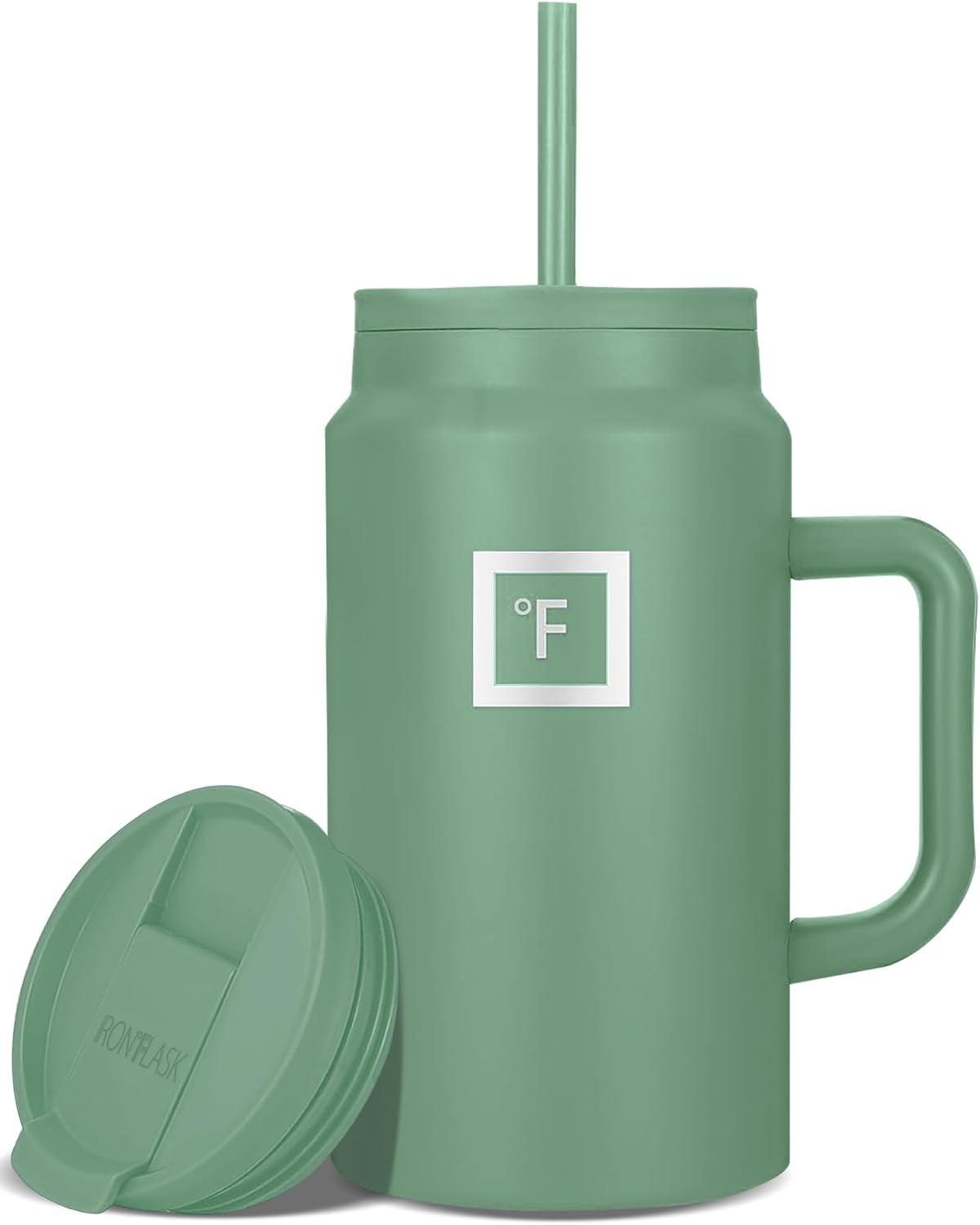 IRON °FLASK Co-Pilot Insulated Mug w/Straw & Flip Cap Lids - Cup Holder Bottle for Hot, Cold Drink - Leak-Proof - Water, Coffee Portable Travel Mug - Sage, 50 Oz