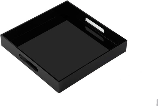 Glossy Black Acrylic Serving Tray - 14x14Inch, Multipurpose, Sturdy, Modern Style, Spill Proof, Countertop Organizer, Vanity Table Tray