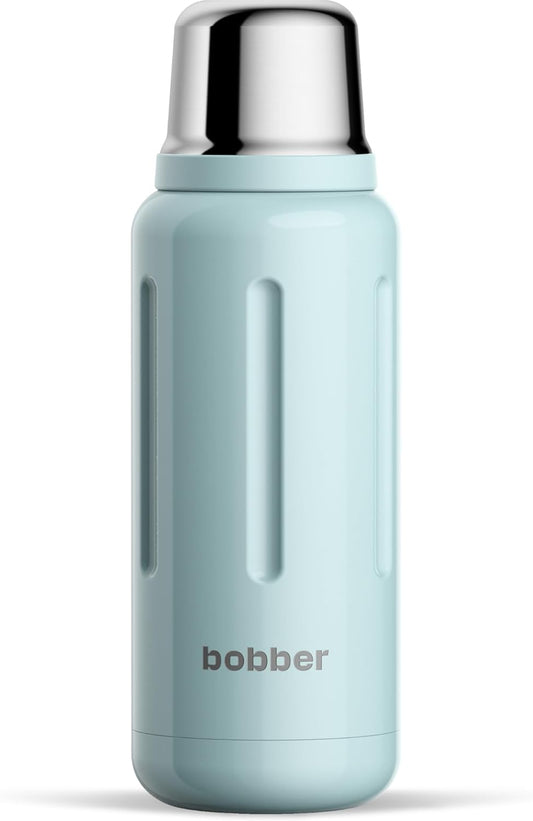 BOBBER 34 oz Stainless Steel Travel Thermos for Hot and Cold Drinks – Dishwasher Safe Metal Water Bottle with Cup Lid – Keeps Hot for 48 Hours – BPA-Free, Vacuum Insulated (Light Blue)