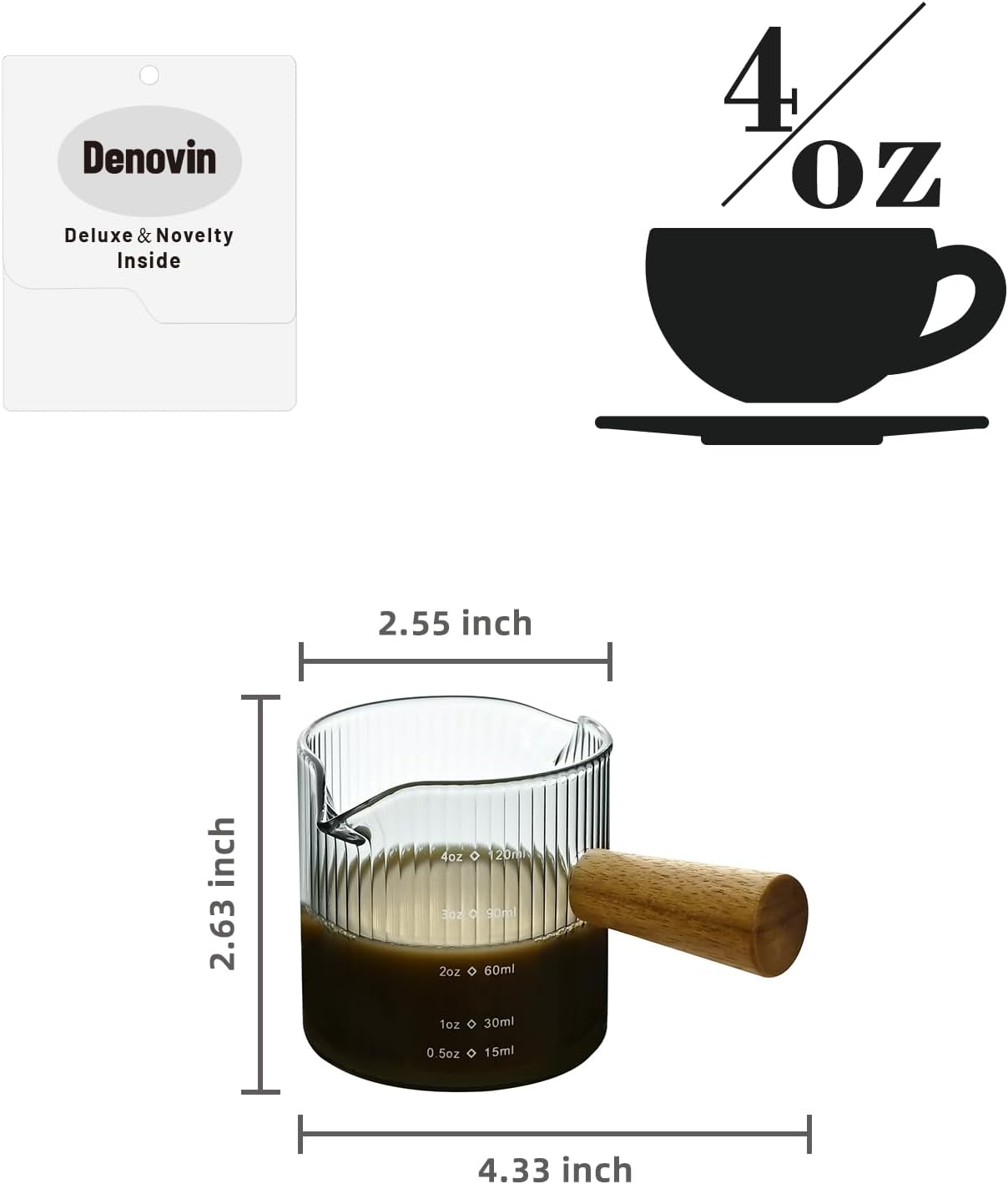 Glass Measuring Cup, 4oz Espresso Shot Glass with Wood Handle, Double Spouts Measuring Triple Pitcher Milk Cup for Coffee Tea (Gray Ribbed）