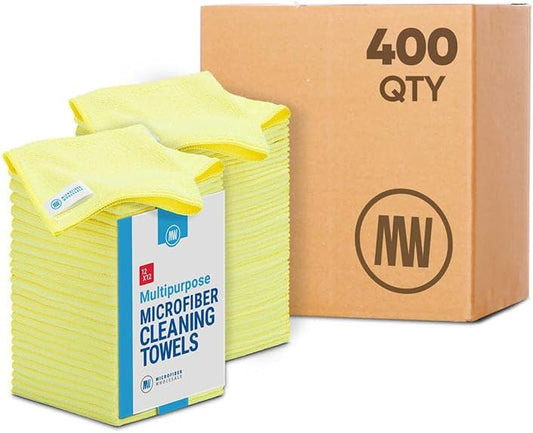 Microfiber Wholesale Bulk 12” X 12” All Purpose Towels Case Quantity (400 Count) | No Fraying | High Density Microfiber | Zero Chemical Cleaner | Long-Lasting (Yellow)