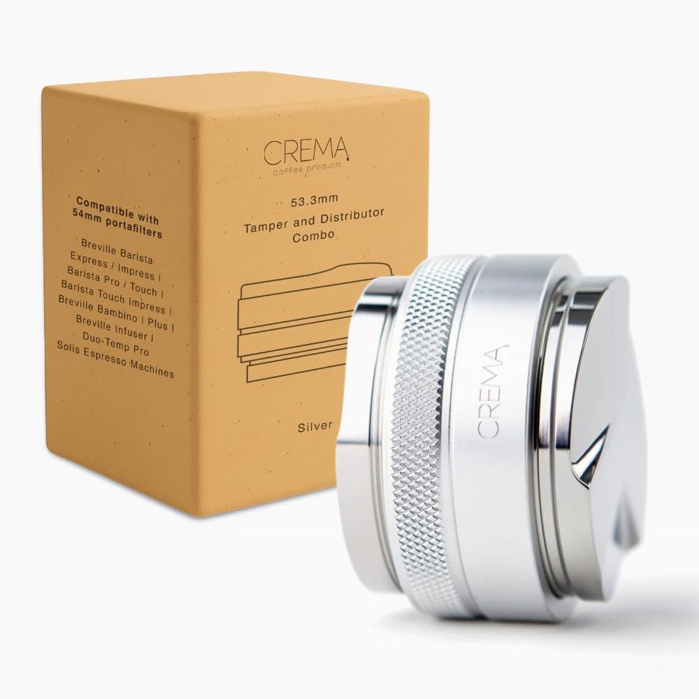 Crema Coffee Products 54mm Hand Tamper & Coffee Distributor | Compatible with 53.3mm Breville Portafilters | Double-Sided,Adjustable Depth Tool | Made with Durable 304 Stainless Steel | Silver