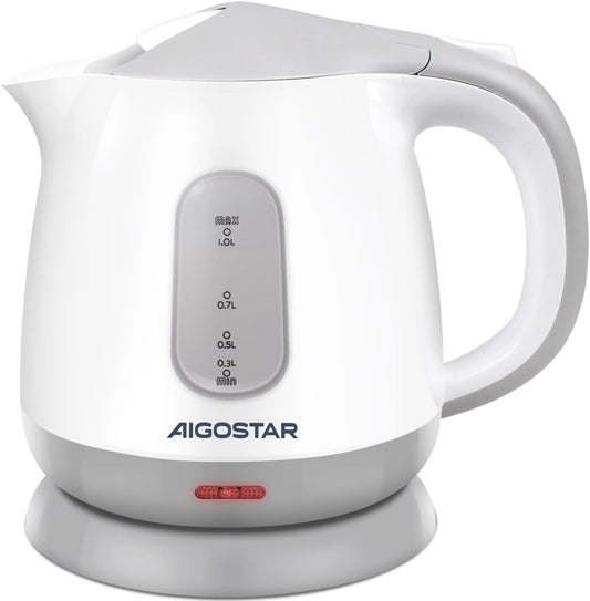 Aigostar Small Electric Kettle, 1L Portable Electric Tea Kettle 1100W with Automatic Shut-Off and Boil Dry Protection, Travel Hot Water Boiler Cordless for Making Coffee and Tea, BPA-Free, Grey
