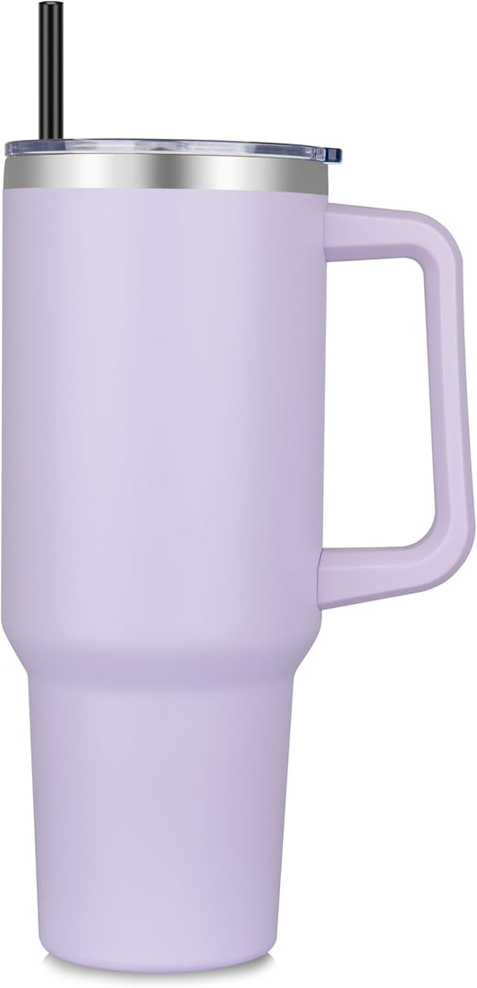 DOMICARE 40 oz Tumbler with Handle and Straw, Stainless Steel Tumbler with Lid and Straw, Reusable Vacuum Insulated Cup, Travel Coffee Mug, Lavender, 1Pack