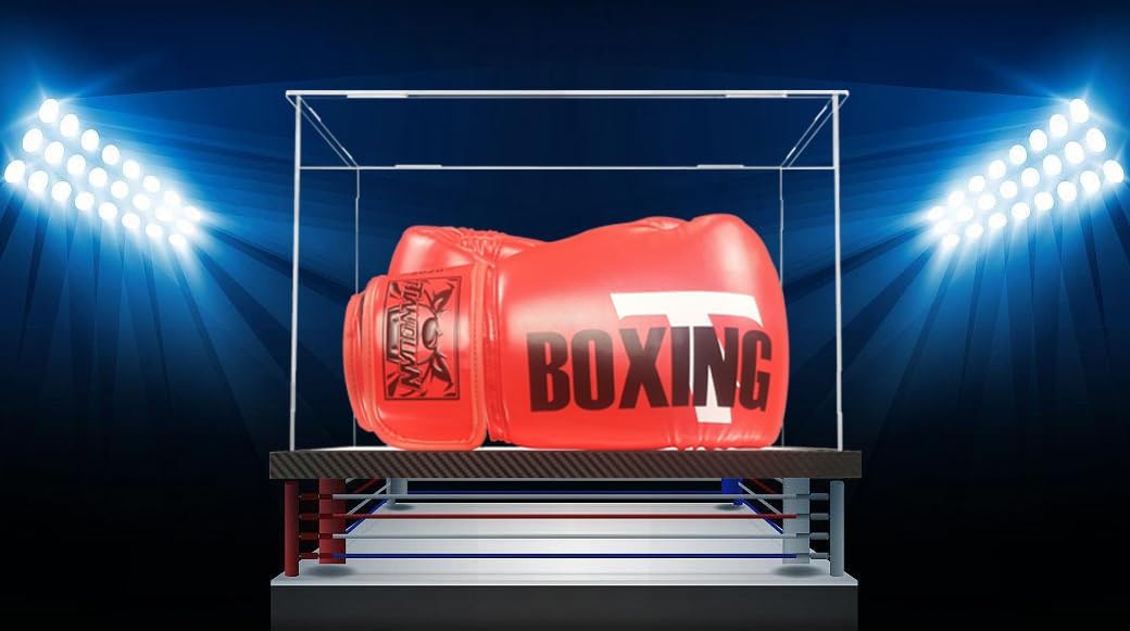Clear Boxing Glove Display Case Acrylic Display case for Full Size Boxing Glove Boxing Glove Storage Box Dustproof UV Protection Cabinet with Carbon Fiber Skin Base and Removable Mirror Base