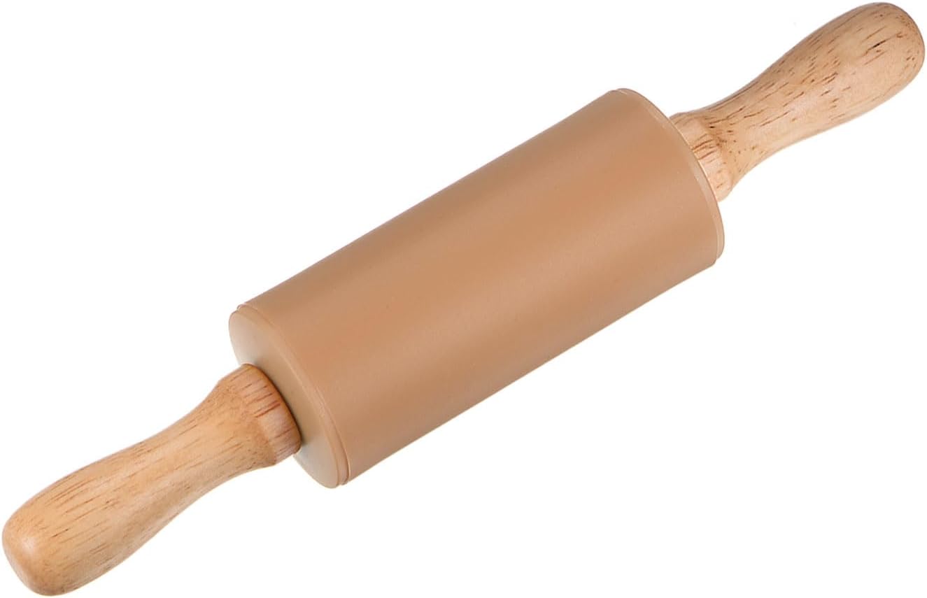 HARFINGTON Silicone Rolling Pins for Baking 9.25 Inch Non-Stick Silicone Surface Wooden Handle Rolling Pin Small Roller Playdough Rolling Pins for Fondant Kitchen Dough Pizza, Brown