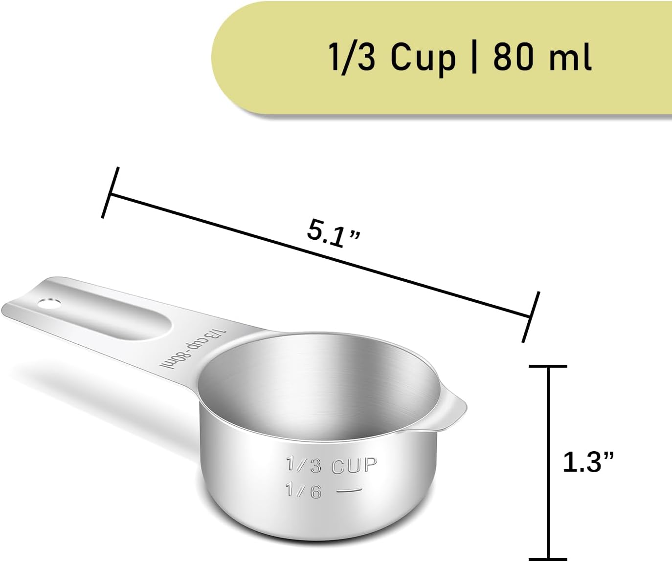 2PCS 1/3Cup (80ml, 2.7oz) Single Measuring Cup, Stainless Steel Measure Scoop, Metric and US Measurement, Heavy Duty, Dishwasher Safe
