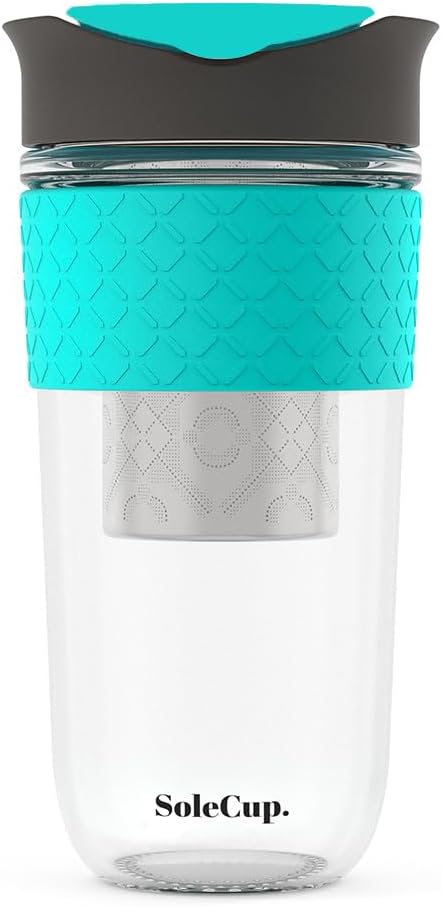 Large Travel Mug Loose Tea Infuser - Detachable Tea Strainer with Spill Proof Lid - 18oz/530ml BPA-Free Reusable Glass Travel Coffee Cup with Silicone Band (Grey and Blue)